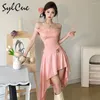 Casual Dresses Sylcue 2024 Spring Korean Sweet Gentle Youthful Vitality Mature Beautiful Sexywomen'S Solid Color Irregular Shoulder Dress