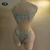 2024 Nouveau Sparkling Rhineste Body Femmes Mesh Sequin Perspective Sexy Justaucorps Fête d'anniversaire Club Stage Performance Costume 36uw #