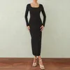 Vestidos casuais moda manga longa outono escritório senhora com nervuras a-line vestido elegante cor sólida quadrado pescoço queimado festa para mulheres