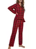 Vêtements de maison pour femmes, pyjama à carreaux rouges, ensemble de salon, col rabattu, manches longues, dessus de chemise et pantalons, tenues de salon 2 pièces