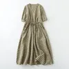 Party Dresses Limiguyue Cotton Linen Dress Women Literary Vintage Plaid Drawstring Elastic Waist Long Casual Vestidos V-Neck Soft U465