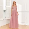 2024 Ladies Elegant Short Sleeved Dr With Lace Embroidery V-Neck A-Line Sequin Evening Dr Bridesmaid Party Graduati Dres E0WE#