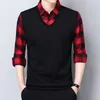 Smart Casual Formale Uomo Polo Falso Due Plaid Street Vintage Abbigliamento maschile Primavera Autunno Moda Manica lunga Business Top 240328