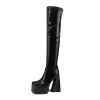 Stiefel leuchtend rotes Patentleder Stretch Oberschenkelstiefel Frauen klobig dicke High Heels Plattform Reißverschluss Goth Overknee Stiefel beige schwarze Schuh