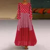 Robes décontractées Femmes Lâche Maxi Robe O-Cou À Manches Longues Polka Dot Patchwork Printemps Automne Fête Vintage Boho Pour