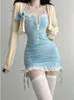 Y2k Mini abito con cinturino sexy Set donna aderente corsetto sottile in pizzo Kawaii Halter blu gonna a due pezzi abiti moda coreana 240329