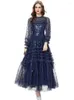 Casual Dresses Seasixiang Designer Spring Autumn Mesh Maxi Dress Women O-Neck Lantern Sleeve Sequins Ruffle Vintage Party Ball Gown