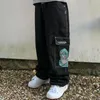 Streetwear taille haute jambe large Jeans hommes Hip Hop gothique Carto graphique broderie Baggy pantalon Harajuku grande poche pantalon nouveau 56pw #