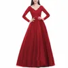 Floral Lace Red Formal Maxi Dres for Women LG Sleeve Elegant V-Neck Tulle Evening Party Bridesmaid Dr för bröllopsgäst D5CX#