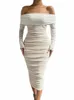 drmecb Solid Mesh White Midi Dres Women Clothing Off Shoulder Lg Sleeves Autumn Dr Backl Ruched Sexy Party Vestido n26p#