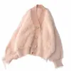 visone rosa soffici vestiti cappotto da donna autunno e inverno nuovo cardigan maglione corto con scollo a V allentato Q7dD #