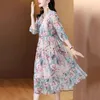 Freizeitkleider Damen Sommerkleid 2024 Mode Dreiviertelärmel Volants Seide Chiffon Blumendruck V-Ausschnitt