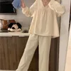 Home Kleding Eenvoudige pyjamasets voor dames Lente Herfst Lange mouw V-hals Studenten Zoete meisjes Mode Koreaanse stijl Chic Soft Fit