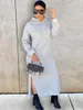 LW Plus Size Women's Hooded Regelbunden krage sida delad svett fast färg Autumn Casual LG Sleeve Dr N3DM#