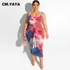 Cm.yaya Mujeres Tallas grandes Conjunto Tie Dye Imprimir Camisetas sin mangas Vendaje Funda Elastci LG Faldas Dos conjuntos de 2 piezas Traje de chándal 2021 E2yY #