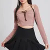 Mulheres Camisetas Puloru Elegante Vintage Manga Longa Curta Camisetas Primavera Mulheres Meninas Bow Decor Square Neck Crop Tops para Street Daily