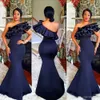 Navy Blue Off The Shoulder Prom Dresses Ruffles Satin Mermaid Long Bridesmaid Gowns African Women Formal Party Dress BC