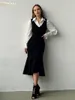 İş elbiseleri Clacive moda gevşek siyah ofis 2 parçalı kadın kıyafeti 2024 zarif uzun kollu gömlek ile sleevlees midi elbise seti