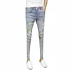 adolescenti Denim Jeans Social Spirit Slim Piedini ritagliati da uomo Fi coreano buco rotto Mendicante pantaloni strappati Jeans denim m8P4 #