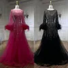 Serene Hill Muslim Fuc​​hsia a Line Luxury Invined Dres Gowns 2024 With Feathed for Women Wedding Party LA72248 A71E＃