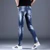 jeans sommar rippade män casual lätta blå byxor lapp jean streetwear fi smal fit denim byxor g7m6#