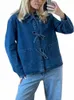 fi Lace Up Women Denim Jackets Casual Loose Lapel Lg Sleeve Pocket Female Coats 2024 Spring Bow Office Lady Overcoat New o603#