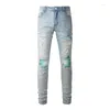 Jeans pour hommes EU US Drips Blue Distressed Streetwear High Stretch Green Ribs Patchwork Trous Moustache Slim Fit Ripped Hommes