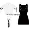 Arbetsklänningar 2024 Summer Vintage Sticked Suits Korean Style Sexig bodycon y2k Mini Dress White Blus Fashion Even Party Cloth Chic