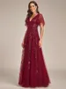 elegant Evening Dr Romantic Shimmery Deep V-Neck Ruffle Sleeves Ever Pretty of 2024 Burdy Gauze Sequin Maxi Lg Gowns N7xc#