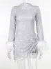 Wannaths Bling Glitter LG Sleeve Side Slit Sexy Mini Dres for Feather Pleated Dr New Fi Party Clubwear W2UK#
