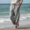 Pantalones para hombre Pantalones rectos de verano para playa, informales, sueltos y cómodos, con cordón estampado de lino y algodón