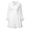 Robes décontractées de base 6 styles femmes robe en mousseline de soie plis printemps été col en v couleur unie blanc élégant manches longues rétro mode t dh5le