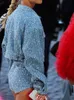 블루 데님 스팽글 재킷 짧은 코트 쇼트 세트 긴 소매 옷깃 코트 슬림 바지 2 피스 세트 2024 스프링 의상 240323