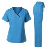 Medicinsk enhetlig trendig kvinnors skrubba set Stretch Soft Y-Neck Top Pants Hospital Pet Clinic Doctume Costume Ctrasting Colors P3BF#