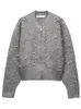 Traf Women's Grey Zip Sweater Cardigan Fi Faux Pearl Empelled Knit Jacket Vintage O Neck LG Sleeve Women's Knit Jacket 19S6#