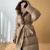 Capuchon Lg Down Jassen Vrouwen Verdikte Warme Parka High-end Fi Lace-up Pluizige Winter Puffer Jas Vrouwelijke bovenkleding 14lU #