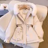 Doublure de fourrure polaire Parkas hiver manteau court femmes veste rembourrée en coton lâche cordon de serrage femme à capuche col de fourrure pardessus 93YI #