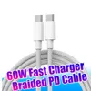 60W USB C-C gevlochten kabel voor iPhone 15 Type C 20V 3A snel opladen