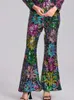 Kvinnors tvåbitar byxor fickor Floral Sequin Matching Set Nightclub Blazer och Flare Pant Sweetwear Fashion Spring Party Club Outfit 2024