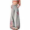 Корейская винтажная y2k Широкая нога мешковатая джинсовая брюка fi Fi Woman's Casual High Pants Prints Print Print Blue Straight Jeans S4HX#