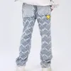 Y2K Star Embroidery Plaid staplade jeansbyxor för män raka kvinnor hiphop denim byxor pantal homme gata rå kant pant c5t6#