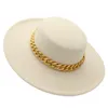 Berets Women's Hat Wide Brim Fedora Wool Wedding Jazz Hats Round Flat Top Felt Golden Chain Belt Trilby