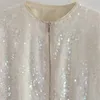 Mesttraf Donna Fi Y2K Shiny Sequin Crop Sexy Zipper Leisure Jacket Coat Vintage Stand Neck Lg Sleeve Capispalla femminile E2oQ #