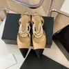 Fairy Style Womens Shoes 2024 Summer New Style Pointed Head Pearl Chain Flat Bottom Baotou Color Contrast Straight Strap Fashion Sandals