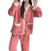 Kvinnors sömnkläder korall fleece loungewear set vinter plysch termiska pyjamas v-ringen långärmad toppar breda benbyxor i