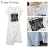زائد الحجم الصيفي الصيفي للنساء Dr Lace Chibique Chain Trim Slit Slit Design T-Shirt Skirt Partyster Party Dr 281p#