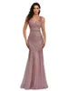 Sequin Spliced Mesh Mermaid Plus Size Evening Gown Double V Neck Sleeveless Selling Bridesmaid Stretch Dress Prom Gown 240325