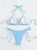 Women's Swimwear 2024 Women Luxurious Rhinestone Swimsuit Blue 2 Piece Bikini Set Sexy V-neck Suspender Lace-Up Bathing Suit Summer