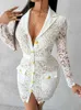 Mulheres Elegantes Dr Offices Hollow Out Pocket Design Butt Lace Shirt Dres Feminino Lace Vestidos Lady Patry Roupas Brancas x4nw #