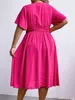 plus Size Dot Women's Dr Solid Color Short Sleeve Dres Deep V Neck Office Lady Robe Summer Female Sundr Clothing c2U3#